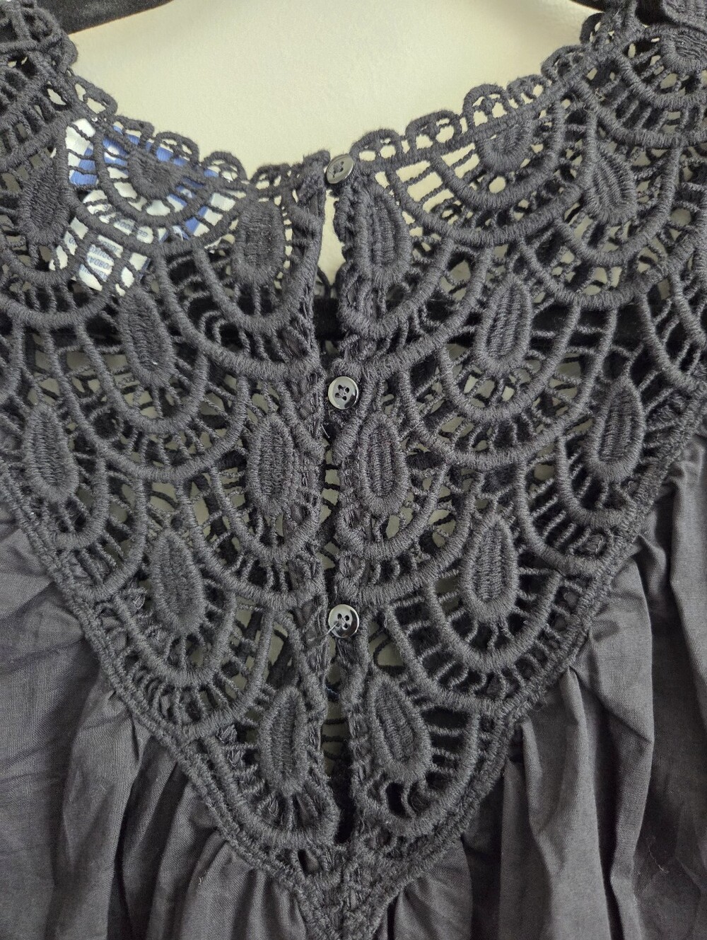 Calypso St. Barth 100% Cotton Crochet Yoke Short Puff Sleeve Blouse Black Size M - Picture 6 of 8